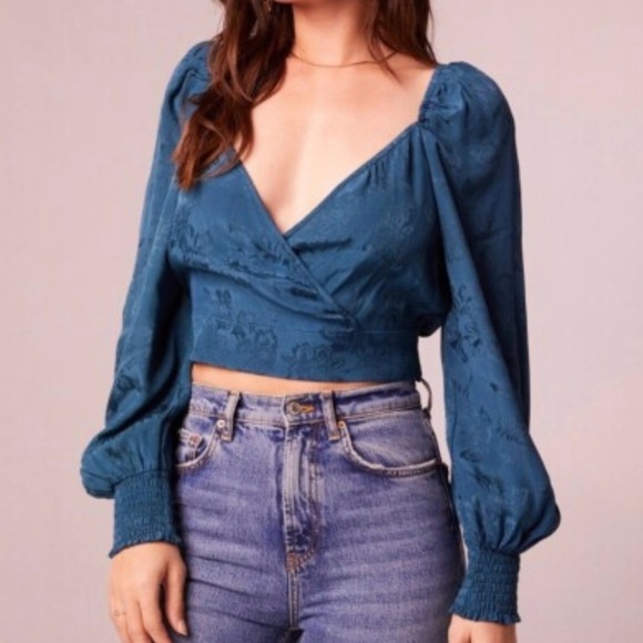 Free People Tops - Free People Emerald Satin Wrap Crop Top Balloon Sleeve NWT XS